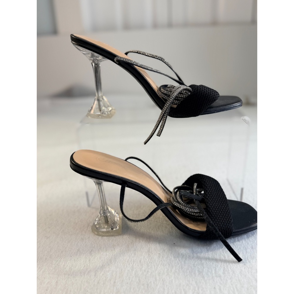 Cuccoo Black Rhinestone Lace Up Martini Clear Architectural Heel Sandals Sz 40